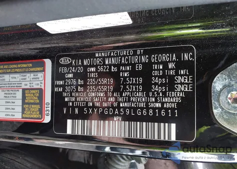 2020 Kia Sorento 3.3L S z USA, uszkodzony, nr VIN 5XYPGDA59LG681611